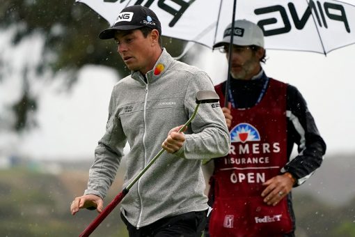 Viktor Hovland vaults into Farmers lead at wet Torrey Pines