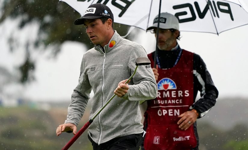 Viktor Hovland vaults into Farmers lead at wet Torrey Pines