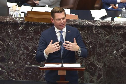 Eric Swalwell, Dem congressman linked to Chinese spy, makes impeachment case against Trump at Senate trial