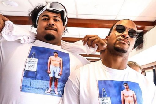 Tom Brady teammates troll Bucs’ quarterback at Super Bowl parade with combine photo t-shirts