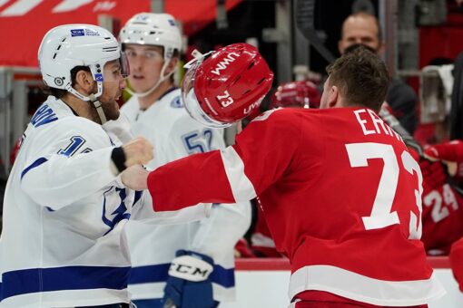 Red Wings’ Adam Erne goes down hard after fight with Lightning’s Barclay Goodrow