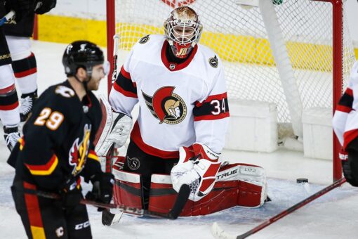 Dube gets 1st hat trick, Flames beat Senators 7-3