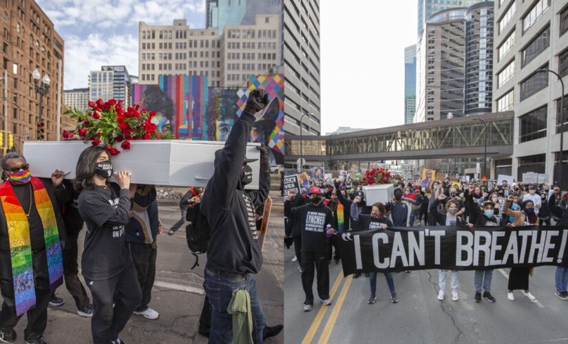 Minneapolis protesters carry casket, march through city on eve of Chauvin trial