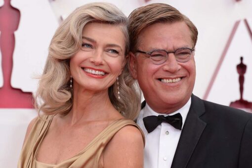 Paulina Porizkova jokes she was a ‘female Oscar’ for boyfriend Aaron Sorkin in 15-year-old gold gown at show