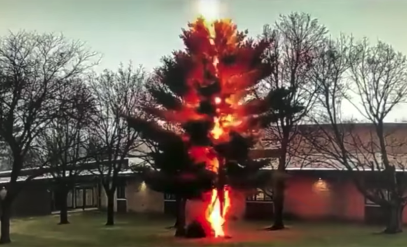 Tree struck, shattered by lightning outside Wisconsin high school, video shows