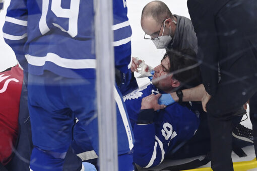 Maple Leafs’ John Tavares stretchered off ice after hit to head in Game 1 against Canadiens