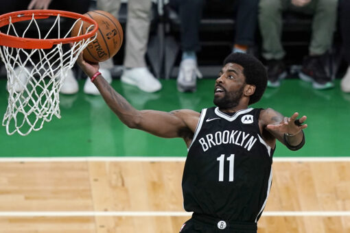 Nets’ Kyrie Irving stomps, scrapes his foot across Celtics logo