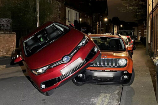 Car drives onto car to avoid cat