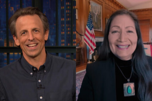 Haaland staffer caught crawling in background of her Seth Meyers interview: ‘We know you’re behind the desk’
