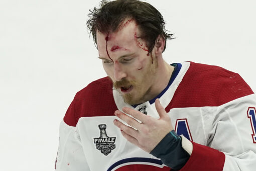 Canadiens’ Brendan Gallagher bleeds from forehead after getting slammed onto the ice