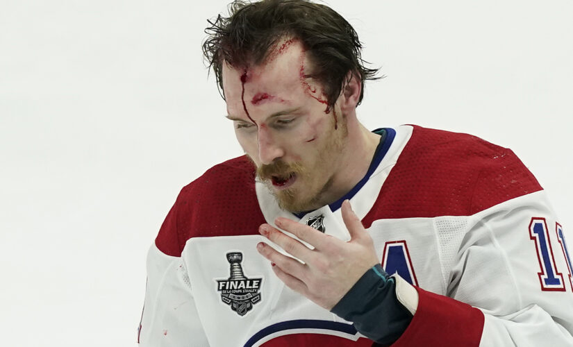 Canadiens’ Brendan Gallagher bleeds from forehead after getting slammed onto the ice