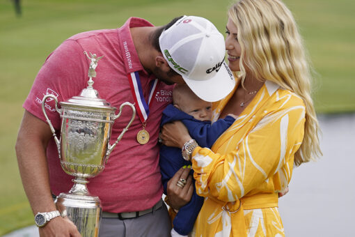 Jon Rahm celebrates US Open victory with wife, newborn son