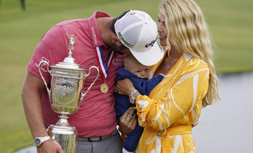 Jon Rahm celebrates US Open victory with wife, newborn son