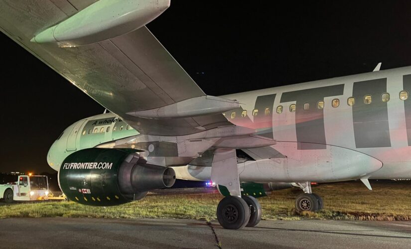 Frontier Airlines plane overshoots runway at Reagan airport near D.C., comes to a stop in the grass