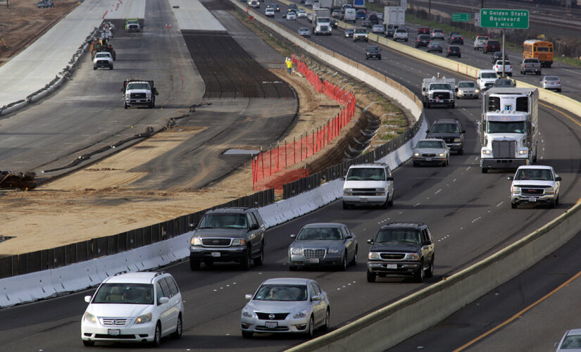 Car jumps California highway in shocking crash caught on camera