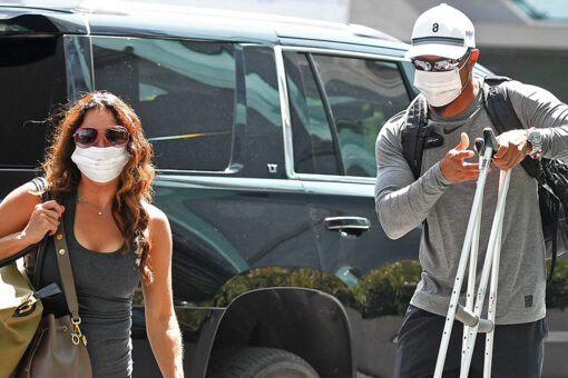 Tiger Woods spotted in Los Angeles still in protective leg brace months after crash