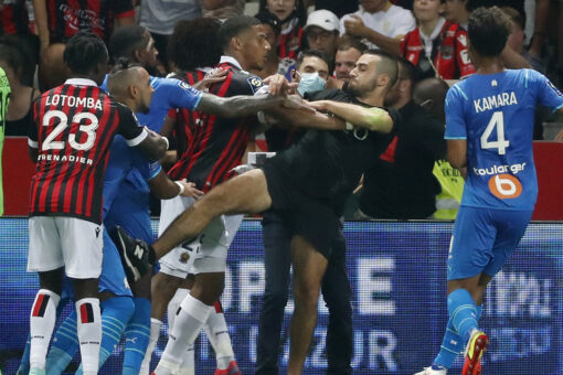 Nice-Marseille Ligue 1 match under review following chaos between players, fans