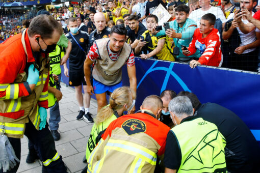 Cristiano Ronaldo drills woman with soccer ball during warmups prior to Champions League match