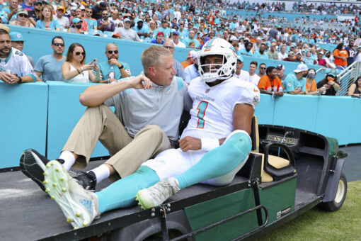 Dolphins’ Tua Tagovailoa carted off the field with rib injury after taking big hit