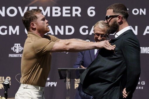 Canelo Álvarez, Caleb Plant throw punches at news conference promoting upcoming fight