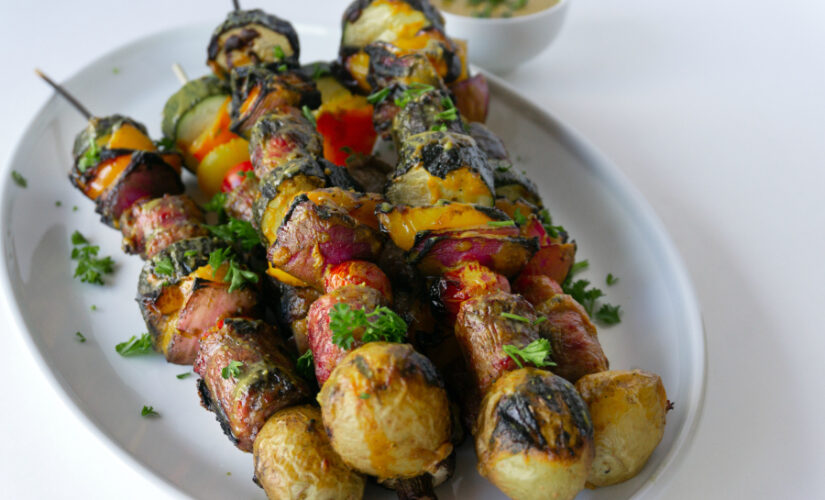 Grilled brat kabobs with vegetables and mustard BBQ sauce: Try the recipe