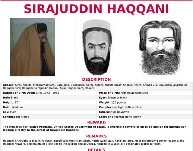 Taliban’s interior minister is on FBI’s most-wanted list, believed to be holding American hostage