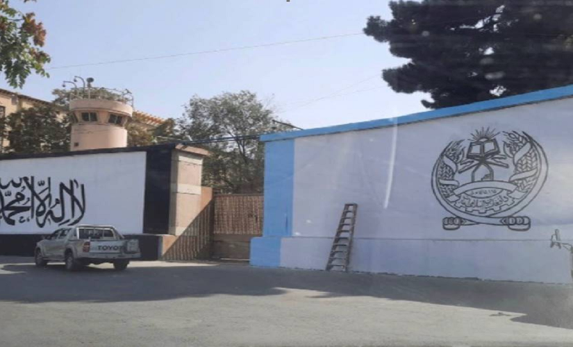 Taliban flag painted outside former US embassy in Kabul, Afghanistan, photo shows