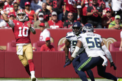 49ers’ Jimmy Garoppolo leaves with calf injury, Trey Lance takes over at quarterback