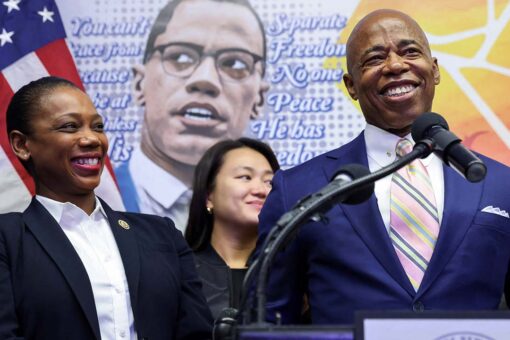 Eric Adams’ new NYPD commissioner appointed in front of a mural of radicals and a cop killer