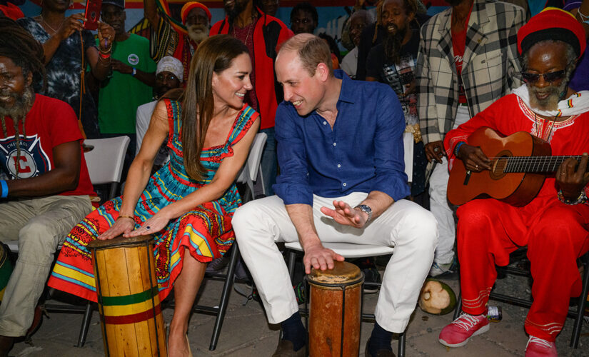 Prince William and Kate Middleton play the drums during visit to Bob Marley’s home amid protests in Jamaica