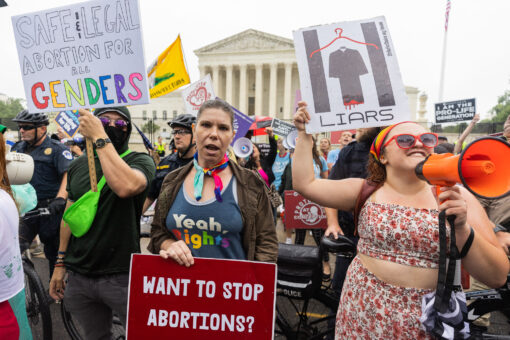 Pro-choice protesters hang ‘Biden, protect abortion’ banner from DC crane