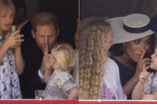 Prince Harry and Meghan Markle playfully shush younger royals during Trooping the Colour ceremony