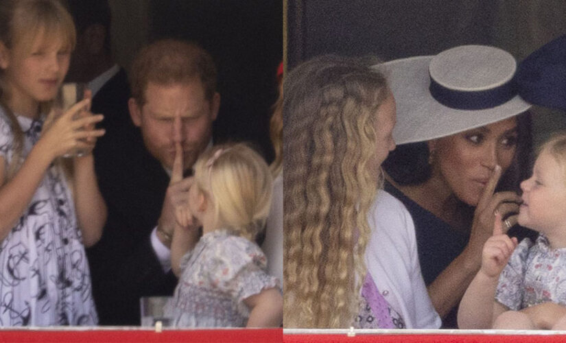 Prince Harry and Meghan Markle playfully shush younger royals during Trooping the Colour ceremony