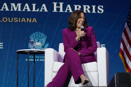 Kamala Harris delivers interview in front of official sign with Louisiana misspelled