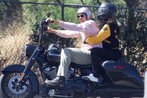 Jason Momoa and Eiza Gonzalez photographed on a motorcycle ride in California