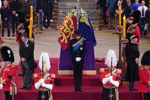 Queen Elizabeth II’s grandchildren, including Princes Harry and William, hold vigil at coffin