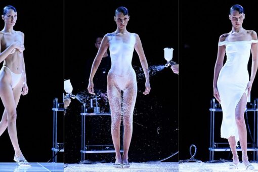 Bella Hadid struts runway topless, then gets white dress spray-painted for Paris Fashion Week