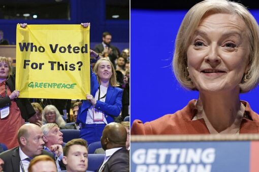 Greenpeace protesters disrupt UK Prime Minister Liz Truss speech with ‘Who voted for this?’ sign