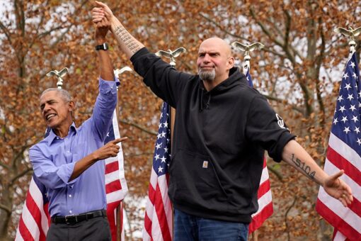 Pennsylvania wind gust at Fetterman-Obama rally sends American flags tumbling