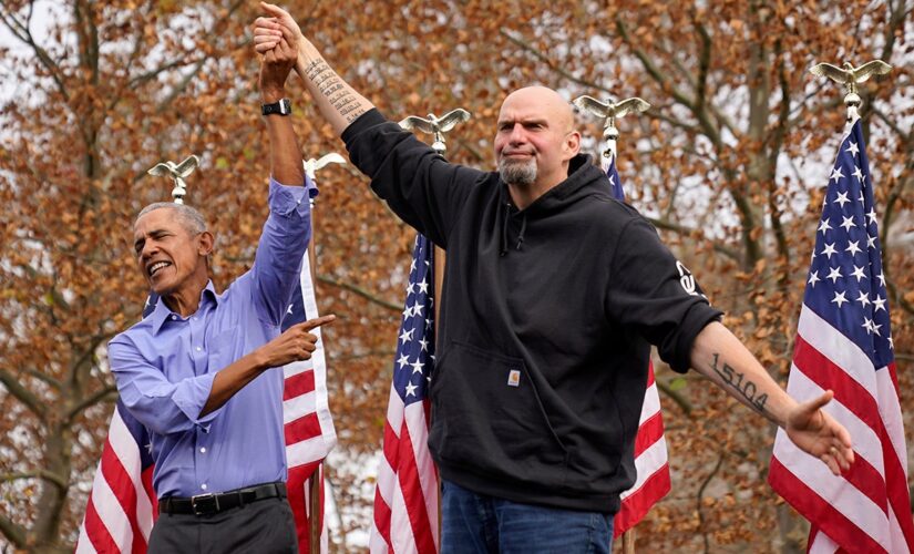 Pennsylvania wind gust at Fetterman-Obama rally sends American flags tumbling