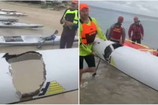 Australian teenager sent flying into the air after great white takes massive bite out of his surf ski