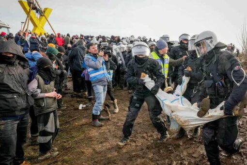 German climate activists protest the demolition of an abandoned village that’s set to be turned into a mine